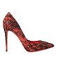 Orange Black Lace Leather Heels Pumps Shoes