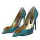 Blue Gold Leather Crystals Heels Pumps Shoes