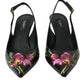 Black Floral Leather Heels Slingback Shoes