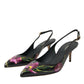Black Floral Leather Heels Slingback Shoes
