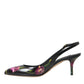 Black Floral Leather Heels Slingback Shoes