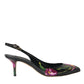Black Floral Leather Heels Slingback Shoes