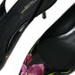 Black Floral Leather Heels Slingback Shoes