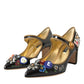 Black Leather Crystal Mary Jane Pumps Shoes
