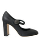 Black Leather Mary Jane Pumps Heels Shoes