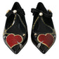 Black Leather Heart Embellished Loafers Shoes