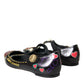 Black Leather Heart Embellished Loafers Shoes