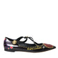 Black Leather Heart Embellished Loafers Shoes