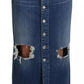 Blue Distressed High Waist Pencil Cut Denim Skirt