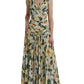 Yellow Floral Print Silk Pleated Maxi Dress