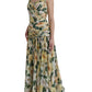 Yellow Floral Print Silk Pleated Maxi Dress