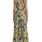 Yellow Floral Print Silk Pleated Maxi Dress