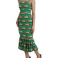 Green Cannoli Print Silk Ruched Midi Dress
