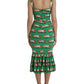 Green Cannoli Print Silk Ruched Midi Dress