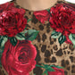 Brown Leopard Red Roses Cotton A-line Dress
