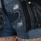 Blue Patchwork Cotton Denim Hot Pants Short