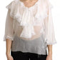White Lace Vneck 3/4 Sleeve Blouse Silk Top