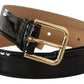 Black Patent Leather Gold Logo Engraved Buckle Belt