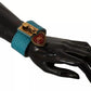 Blue Leather Gold DG Heart Pendant Wide Bracelet