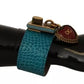 Blue Leather Gold DG Heart Pendant Wide Bracelet