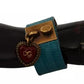 Blue Leather Gold DG Heart Pendant Wide Bracelet