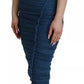 Blue Mesh Trim Ruched Tulle Sheath Dress