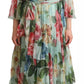 Green Floral Long Sleeve V-neck Midi Dress