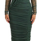 Green Mesh Crystal Ruched Tulle Midi Dress