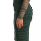 Green Mesh Crystal Ruched Tulle Midi Dress