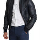 Black Leather Full Zip Men Bomber Jacket