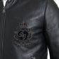 Black Leather Logo Embroidery Full Zip Jacket
