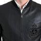 Black Leather Logo Embroidery Full Zip Jacket