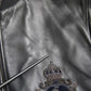Black Leather Logo Embroidery Full Zip Jacket
