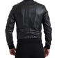 Black Leather Logo Embroidery Full Zip Jacket