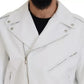 White Leather Biker Coat Zipper Jacket