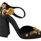 Black Floral Angel Applique Ankle Strap Pumps Shoes