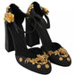 Black Floral Angel Applique Ankle Strap Pumps Shoes