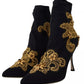 Black Gold Embroidery Slip On Boots Shoes