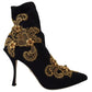 Black Gold Embroidery Slip On Boots Shoes