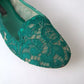 Green Floral Lace Loafers Flats Shoes