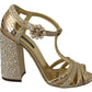 Gold Crystals T-strap Sandals Leather Shoes
