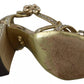 Gold Crystals T-strap Sandals Leather Shoes