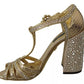Gold Crystals T-strap Sandals Leather Shoes