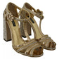 Gold Crystals T-strap Sandals Leather Shoes
