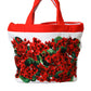 White Red Floral Canvas Logo Shopping Tote Bag