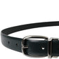 Black Leather Silver Metal Buckle Belt Men