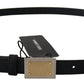 Black Calf Leather Metal Square Buckle Belt