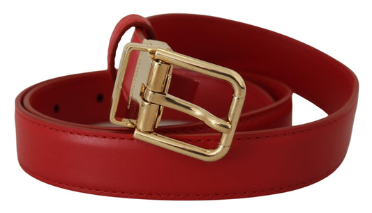 Red Calfskin Leather Gold Metal Buckle Belt