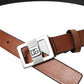 Dark Brown Leather Square Metal Buckle Belt