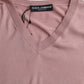 Pink Silk V-neck Long Sleeve Pullover Sweater